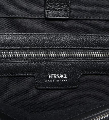 Versace Black Top Handle Canvas Leather Logo Shopping Tote Bag