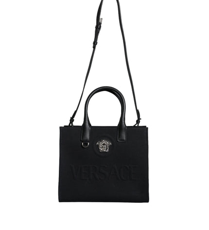 Versace Black Top Handle Canvas Leather Logo Crossbody Tote Bag