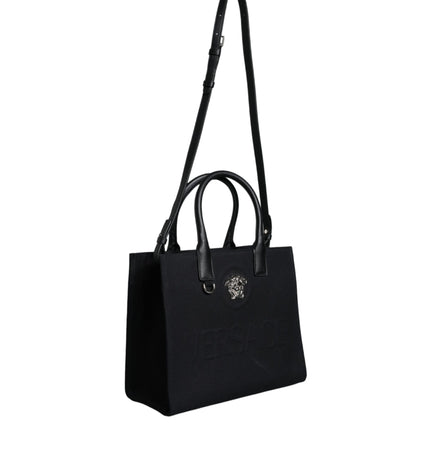 Versace Black Top Handle Canvas Leather Logo Crossbody Tote Bag