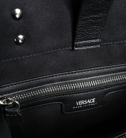 Versace Black Top Handle Canvas Leather Logo Crossbody Tote Bag