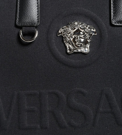 Versace Black Top Handle Canvas Leather Logo Crossbody Tote Bag