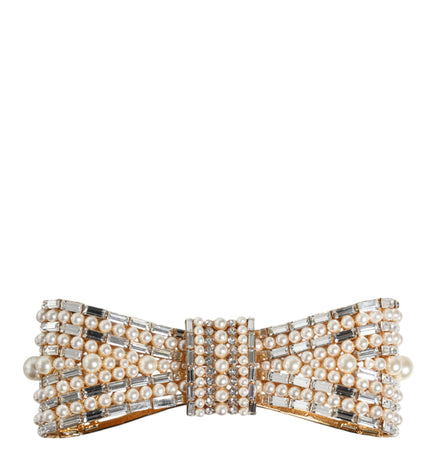 Dolce & Gabbana Gold Tone Brass Bow Crystal FauxPearl Embellished Brooch