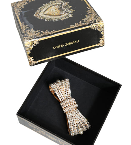 Dolce & Gabbana Gold Tone Brass Bow Crystal FauxPearl Embellished Brooch