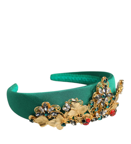 Dolce & Gabbana Green Silk Crystal Embellished Tiara Headband Crown Diadem