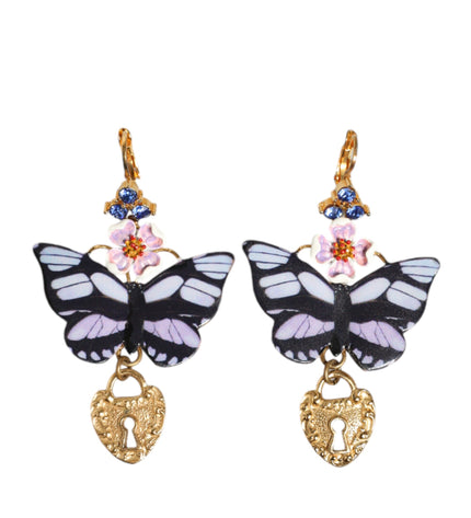 Dolce & Gabbana Gold Purple Crystal Butterfly Heart Locket Earrings