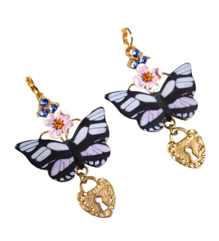 Dolce & Gabbana Gold Purple Crystal Butterfly Heart Locket Earrings