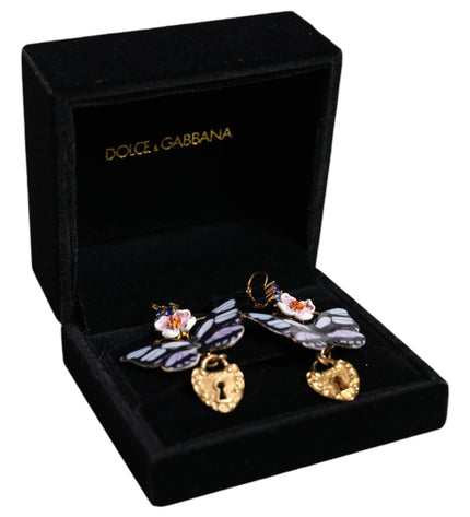 Dolce & Gabbana Gold Purple Crystal Butterfly Heart Locket Earrings