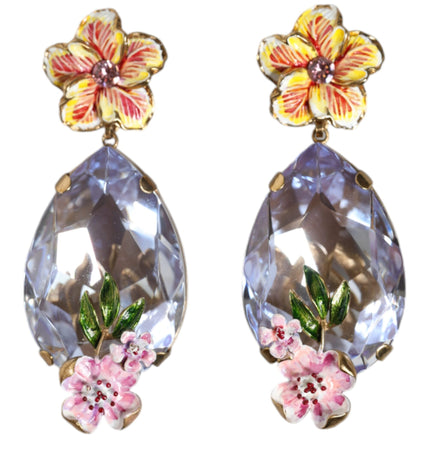 Dolce & Gabbana Gold Tone Brass Crystals Floral Clip On Earrings