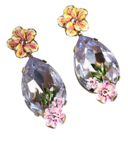 Dolce & Gabbana Gold Tone Brass Crystals Floral Clip On Earrings