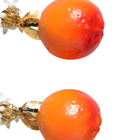 Dolce & Gabbana Gold Tone Brass Crystals Orange Lily Clip On Earrings