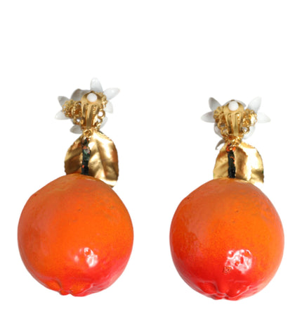 Dolce & Gabbana Gold Tone Brass Crystals Orange Lily Clip On Earrings