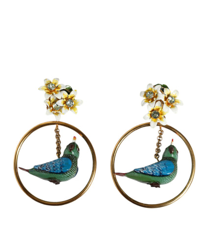 Dolce & Gabbana Gold Tone Brass Crystal Bird-in-Hoop Statement Earrings