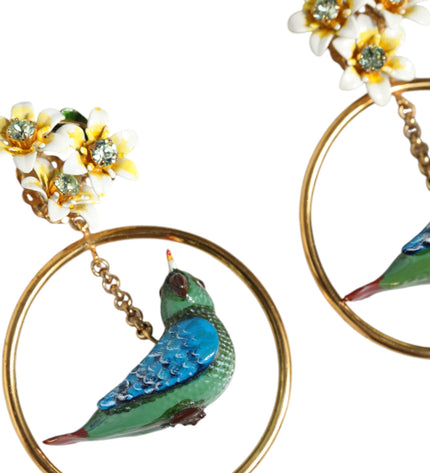 Dolce & Gabbana Gold Tone Brass Crystal Bird-in-Hoop Statement Earrings