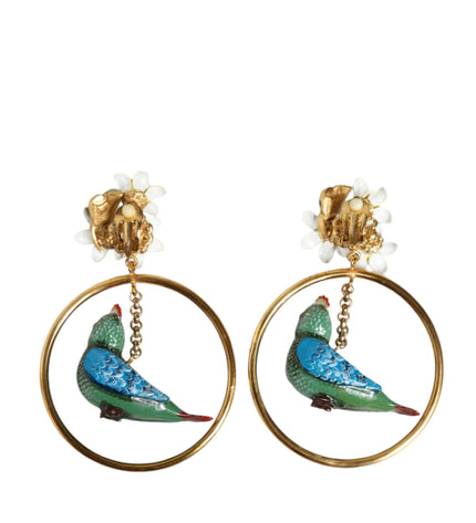 Dolce & Gabbana Gold Tone Brass Crystal Bird-in-Hoop Statement Earrings