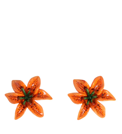 Dolce & Gabbana Orange Green Gold Brass Lily Flower Clip Floral Earrings