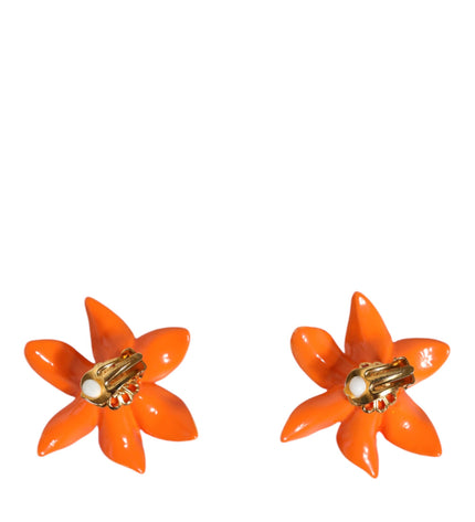 Dolce & Gabbana Orange Green Gold Brass Lily Flower Clip Floral Earrings