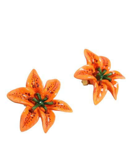 Dolce & Gabbana Orange Green Gold Brass Lily Flower Clip Floral Earrings