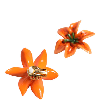 Dolce & Gabbana Orange Green Gold Brass Lily Flower Clip Floral Earrings