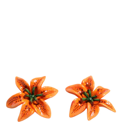 Dolce & Gabbana Orange Green Gold Brass Lily Flower Clip Floral Earrings