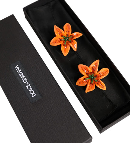 Dolce & Gabbana Orange Green Gold Brass Lily Flower Clip Floral Earrings