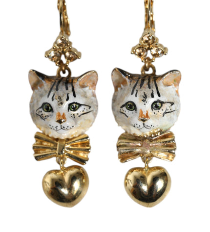 Dolce & Gabbana Gold Brass Heart Cat Crystal Pendant Clip Drop Earrings