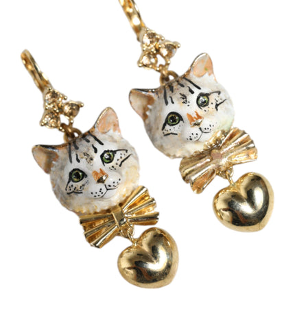 Dolce & Gabbana Gold Brass Heart Cat Crystal Pendant Clip Drop Earrings