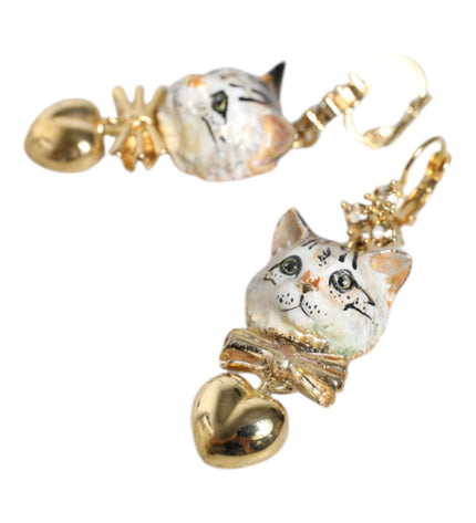 Dolce & Gabbana Gold Brass Heart Cat Crystal Pendant Clip Drop Earrings