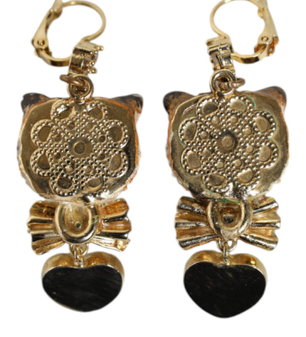 Dolce & Gabbana Gold Brass Heart Cat Crystal Pendant Clip Drop Earrings