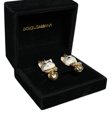 Dolce & Gabbana Gold Brass Heart Cat Crystal Pendant Clip Drop Earrings