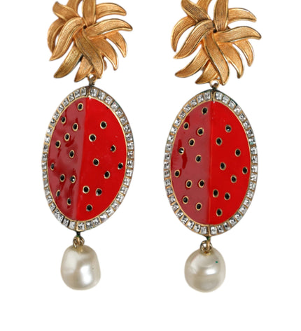 Dolce & Gabbana Red Watermelon Gold Brass Crystal Clip Dangling Earrings