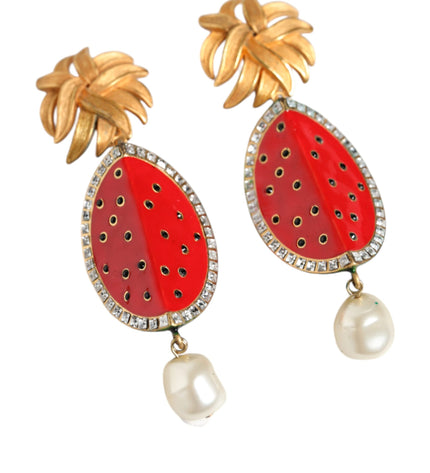 Dolce & Gabbana Red Watermelon Gold Brass Crystal Clip Dangling Earrings