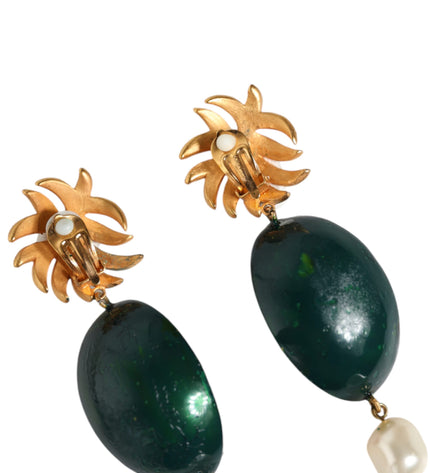 Dolce & Gabbana Red Watermelon Gold Brass Crystal Clip Dangling Earrings