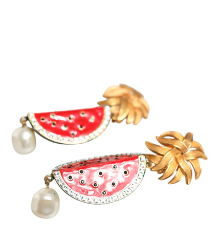 Dolce & Gabbana Red Watermelon Gold Brass Crystal Clip Dangling Earrings