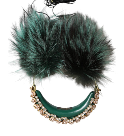 Dolce & Gabbana Green Gold Crystal Fur Headset Audio AUX Headphones