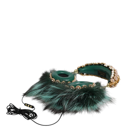 Dolce & Gabbana Green Gold Crystal Fur Headset Audio AUX Headphones