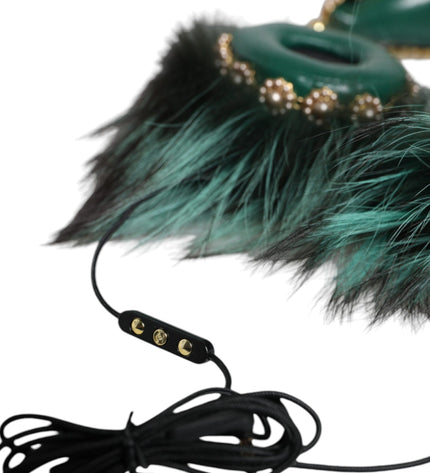 Dolce & Gabbana Green Gold Crystal Fur Headset Audio AUX Headphones