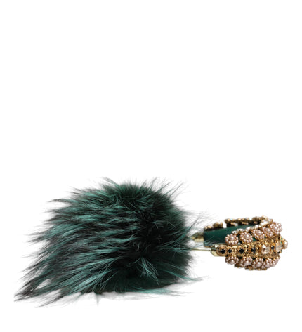 Dolce & Gabbana Green Gold Crystal Fur Headset Audio AUX Headphones