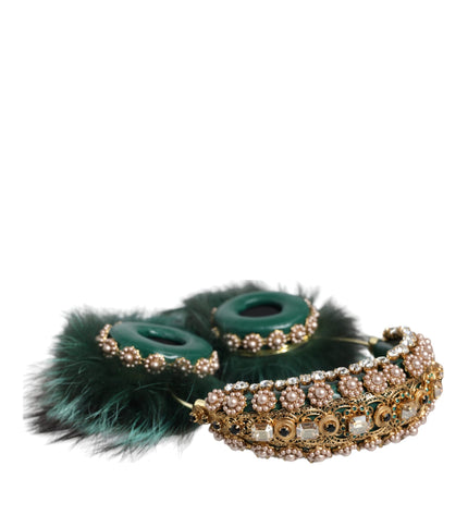 Dolce & Gabbana Green Gold Crystal Fur Headset Audio AUX Headphones