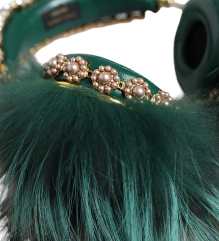 Dolce & Gabbana Green Gold Crystal Fur Headset Audio AUX Headphones