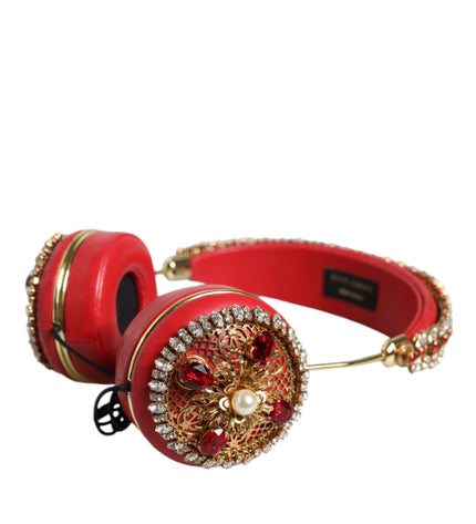 Dolce & Gabbana Red Nappa Leather Floral Crystal Headphone