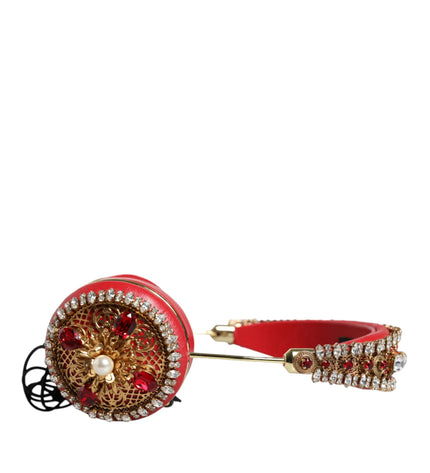 Dolce & Gabbana Red Nappa Leather Floral Crystal Headphone