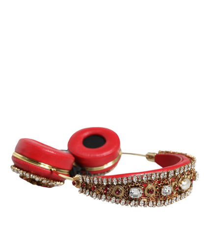 Dolce & Gabbana Red Nappa Leather Floral Crystal Headphone