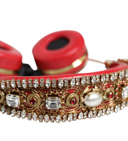 Dolce & Gabbana Red Nappa Leather Floral Crystal Headphone