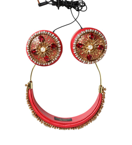 Dolce & Gabbana Red Nappa Leather Floral Crystal Headphone