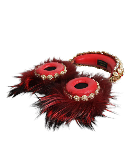 Dolce & Gabbana Red Gold Crystal Fur Headset Audio AUX Headphones