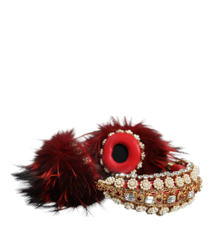 Dolce & Gabbana Red Gold Crystal Fur Headset Audio AUX Headphones