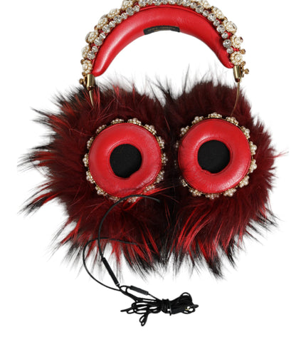 Dolce & Gabbana Red Gold Crystal Fur Headset Audio AUX Headphones