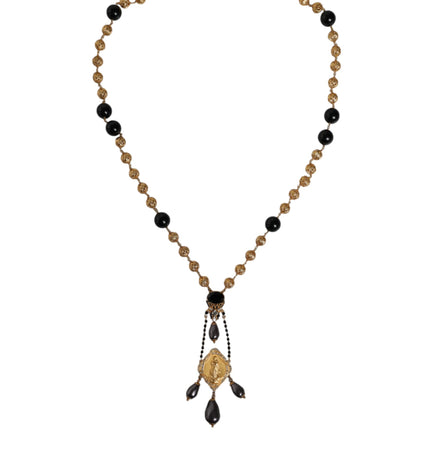 Dolce & Gabbana Gold Chain Brass Black Beaded Rosary Style Necklace