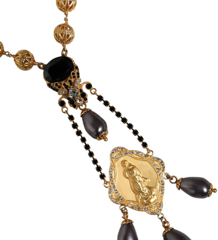 Dolce & Gabbana Gold Chain Brass Black Beaded Rosary Style Necklace