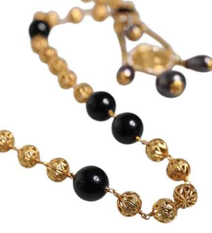 Dolce & Gabbana Gold Chain Brass Black Beaded Rosary Style Necklace